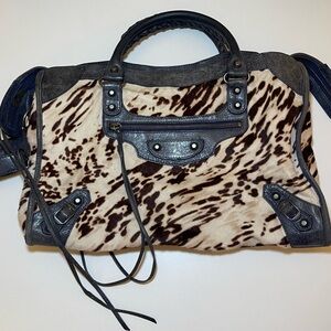 BALENCIAGA 
Blue Leather Brown/White Pony Hair Motorcycle City Bag